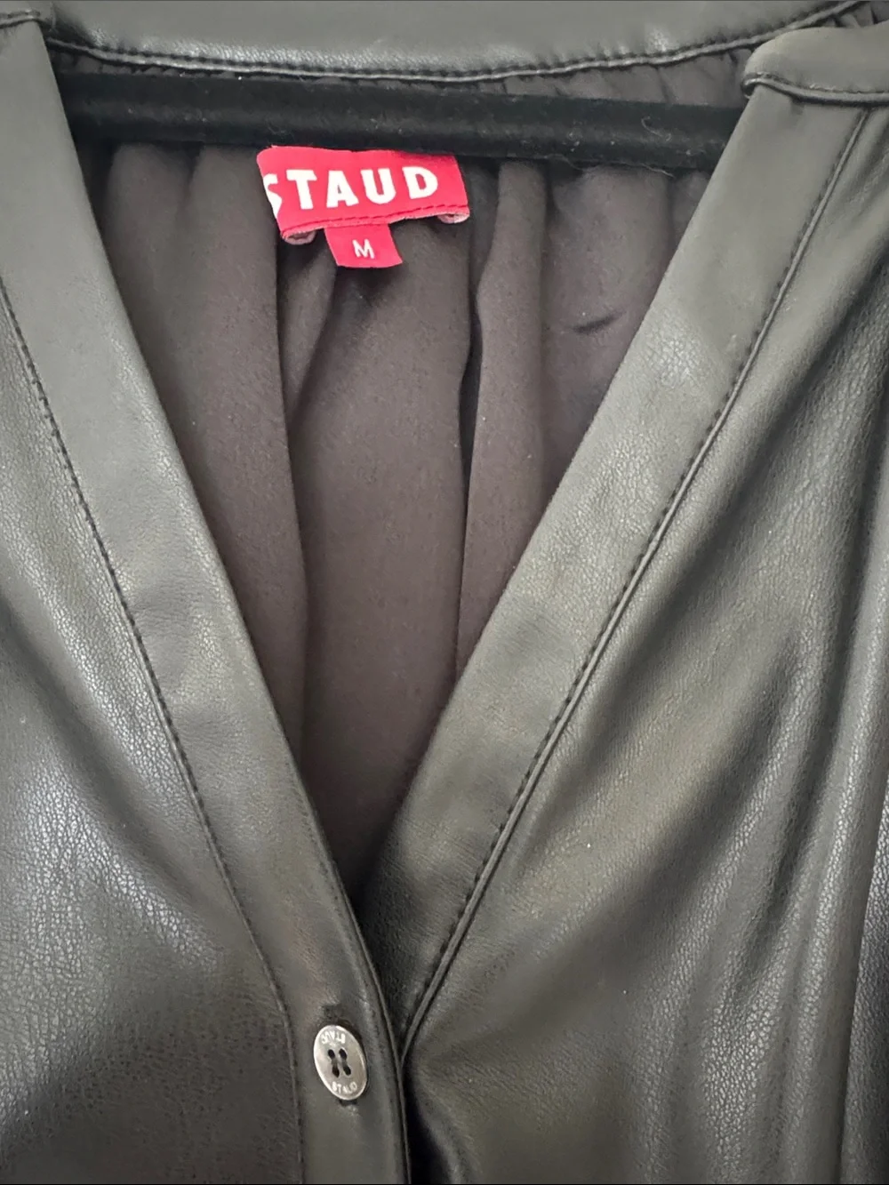 STAUD Black Faux Leather Puff-Sleeve Button Front Blouse